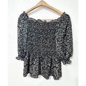 Max Studio Womens Crop Top Blouse Flowy Sleeves Black and Pink Floral Size S